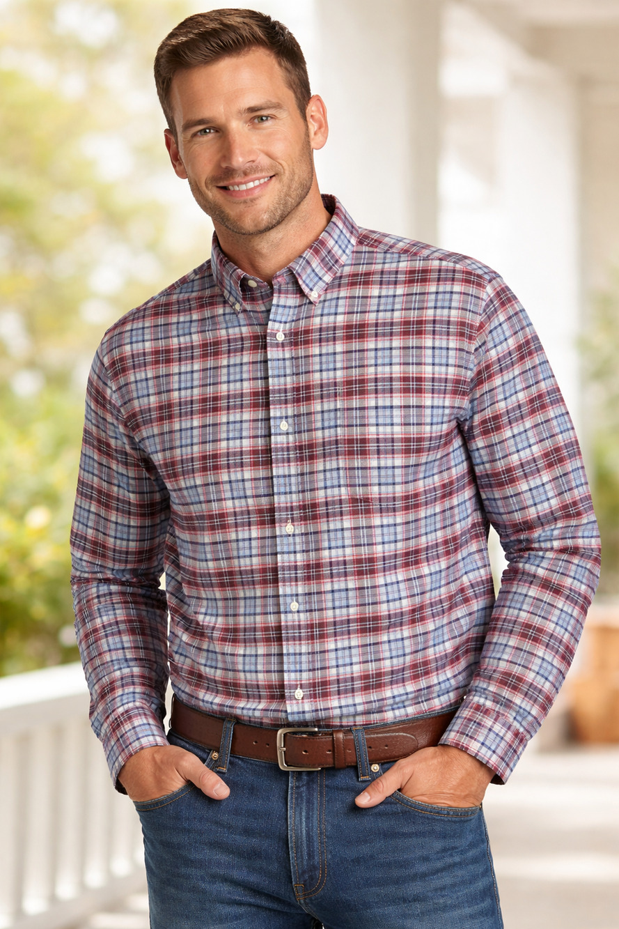 IZOD Saltwater Plaid Button Down Shirt Men's XL Burgundy Blue Classic Preppy